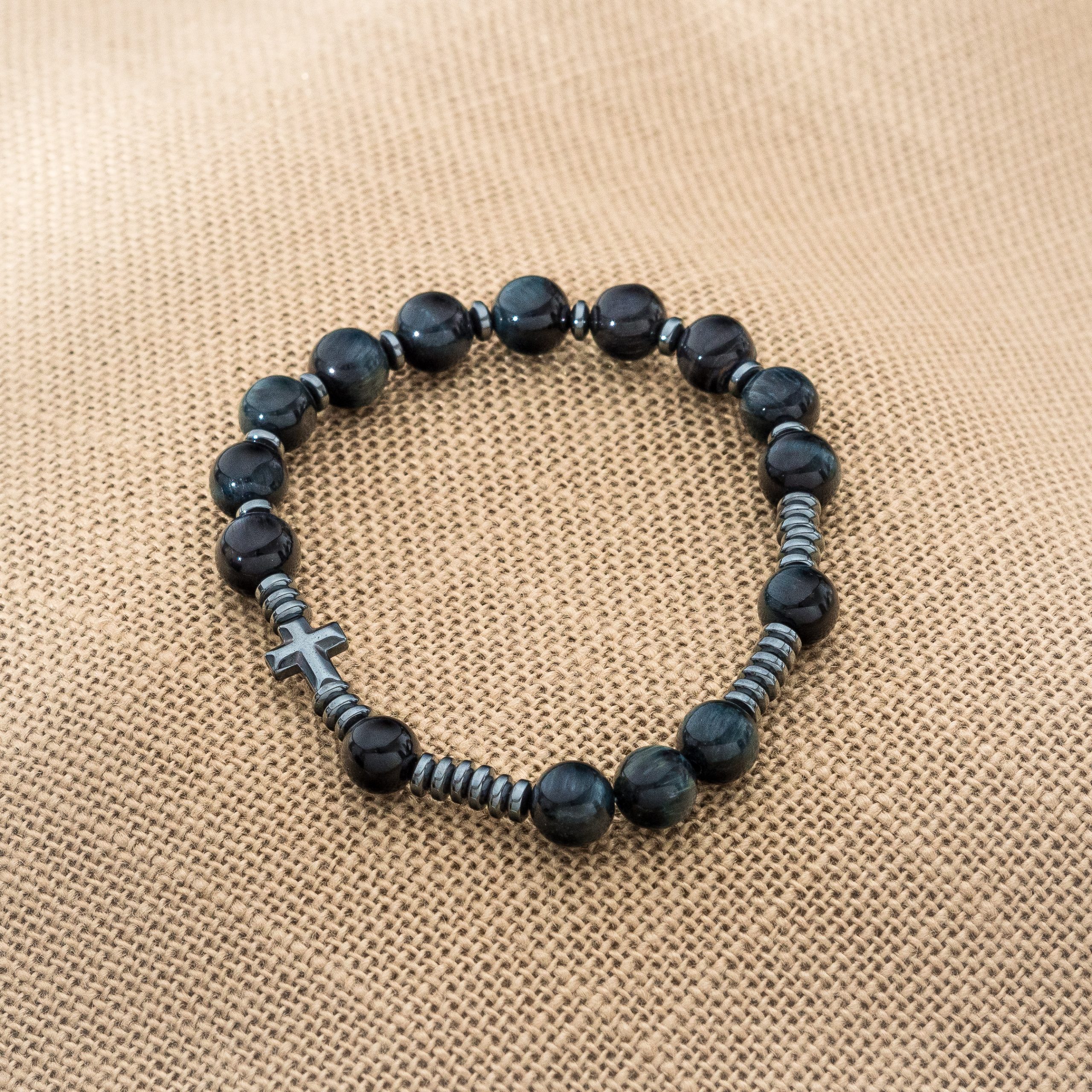 Męska Bransoletka Różaniec Tygrysie Oko granatowe