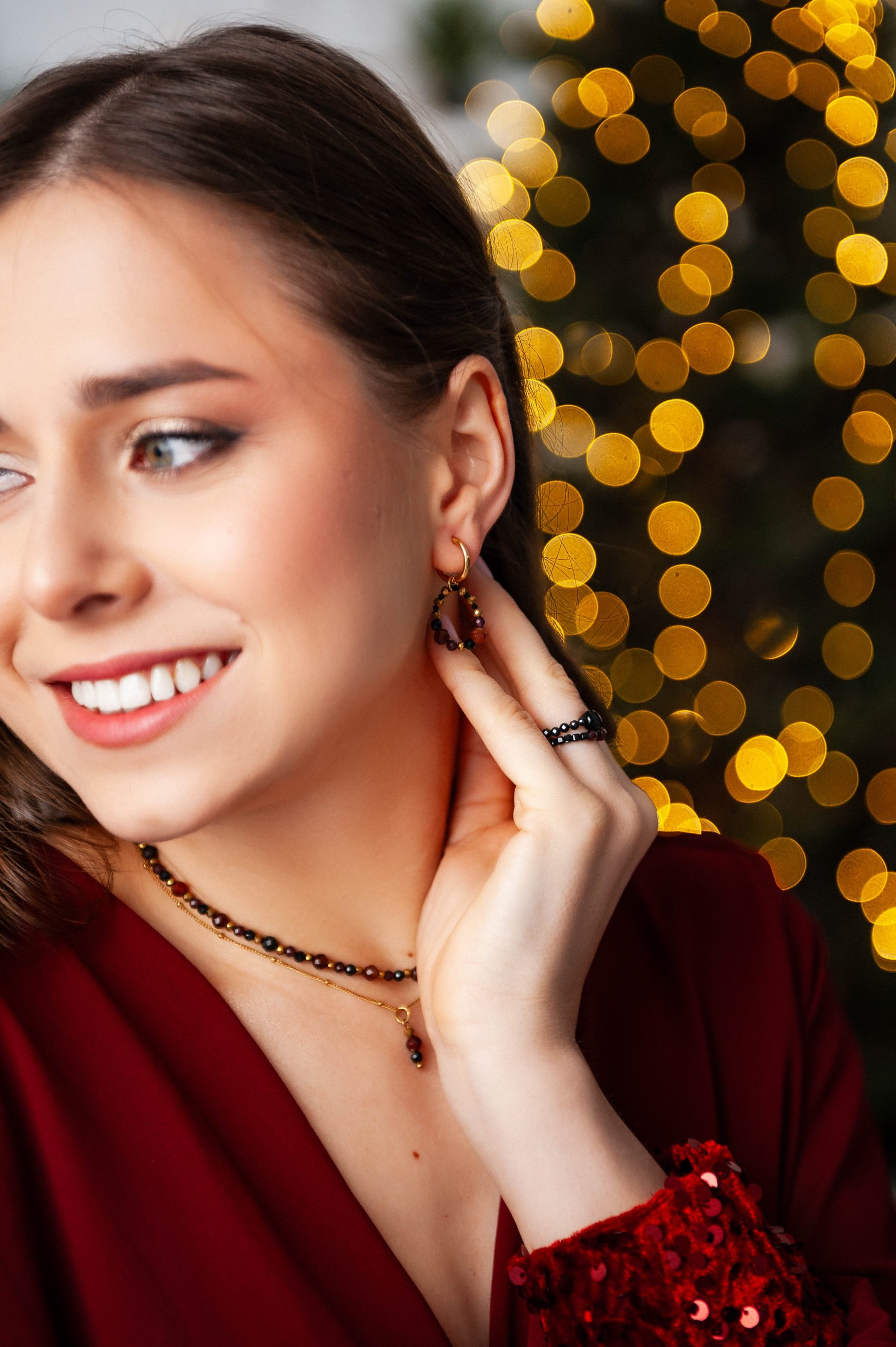 Kolczyki z okrągłą zawieszką z kamieni naturalnych Granat Turmalin Spinel - obrazek 2