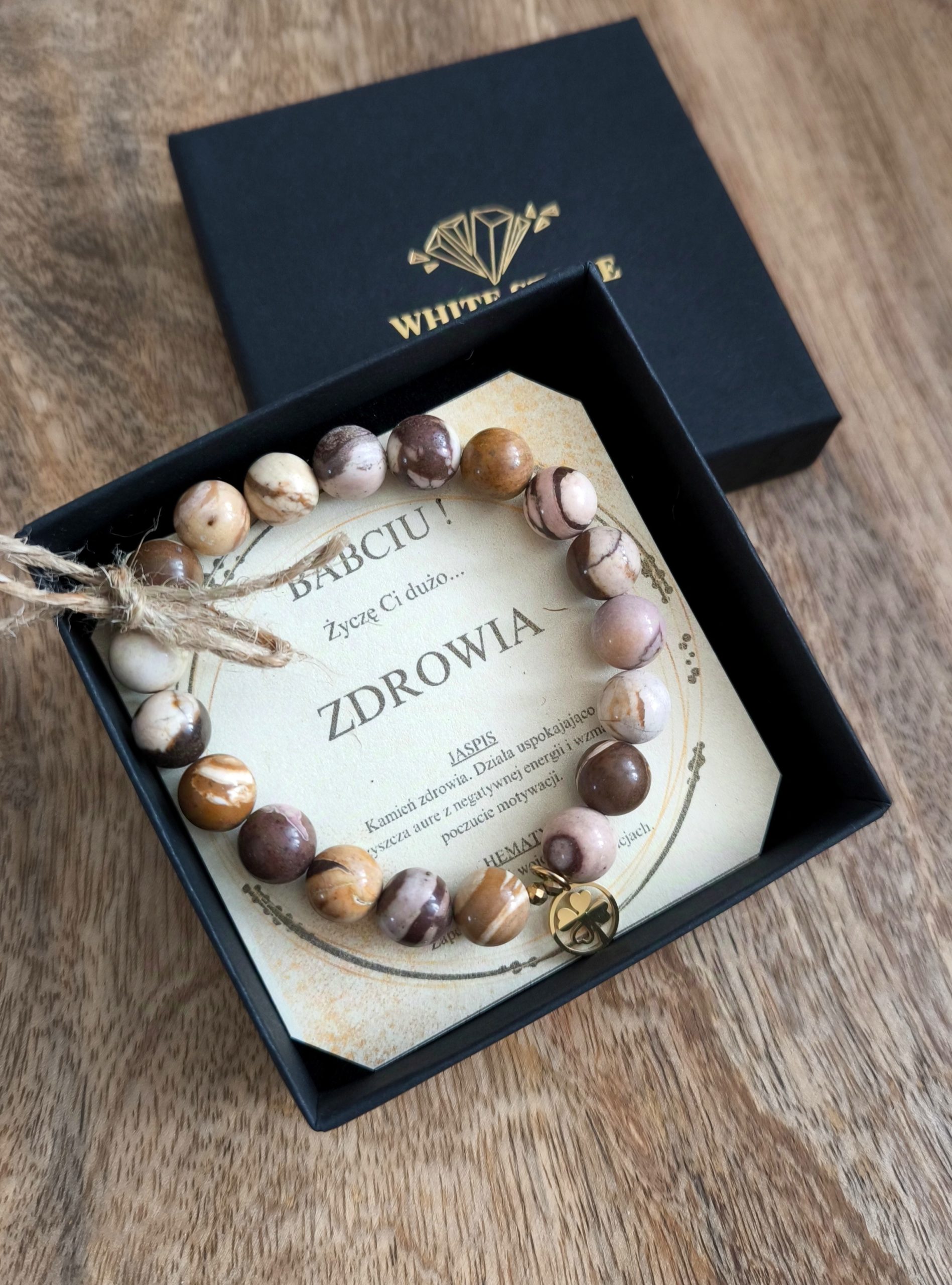 Bransoletka Jaspis zebra z koniczynką