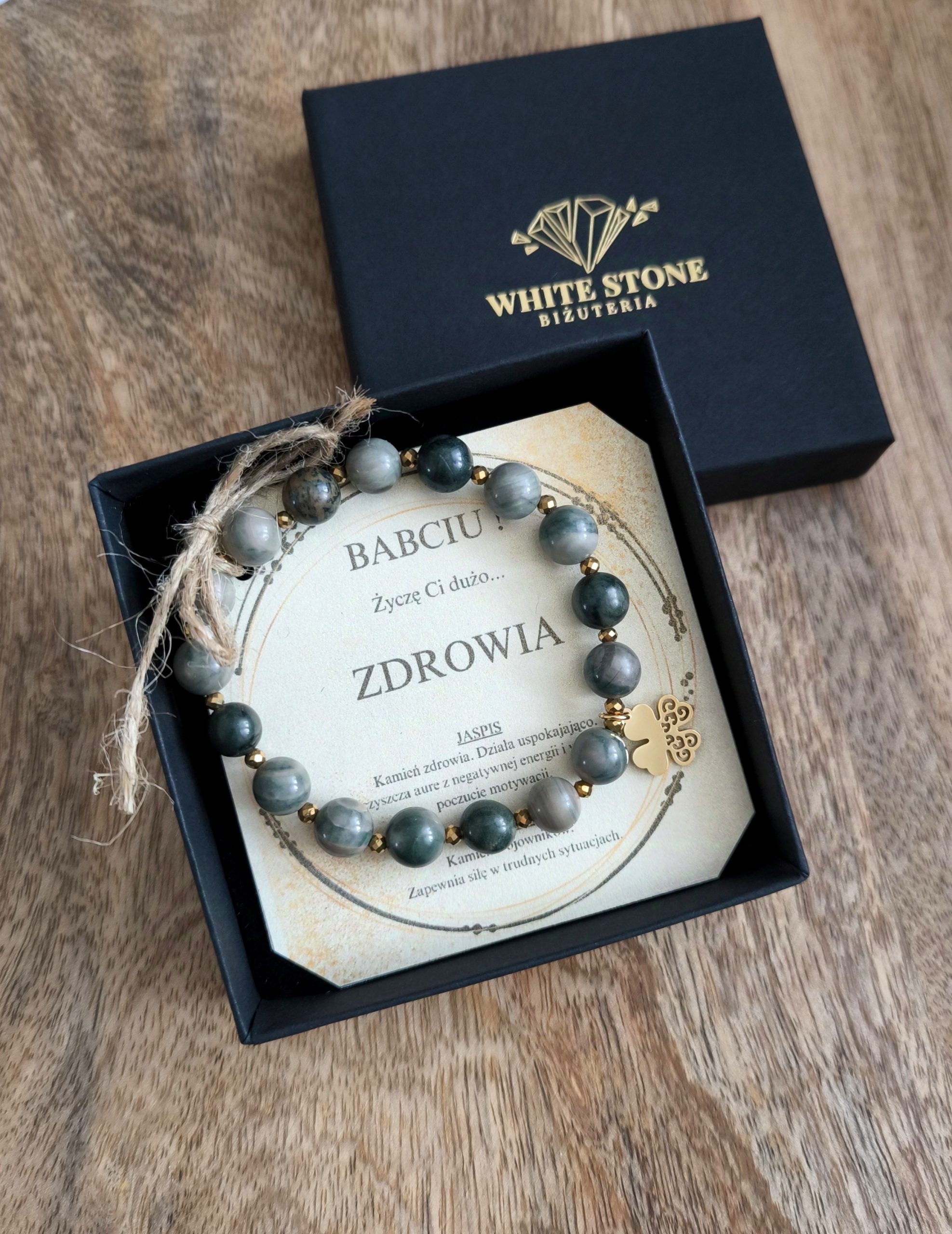 Bransoletka z zielonego Jaspisu cieniowanego z zawieszką ażurowej koniczyny