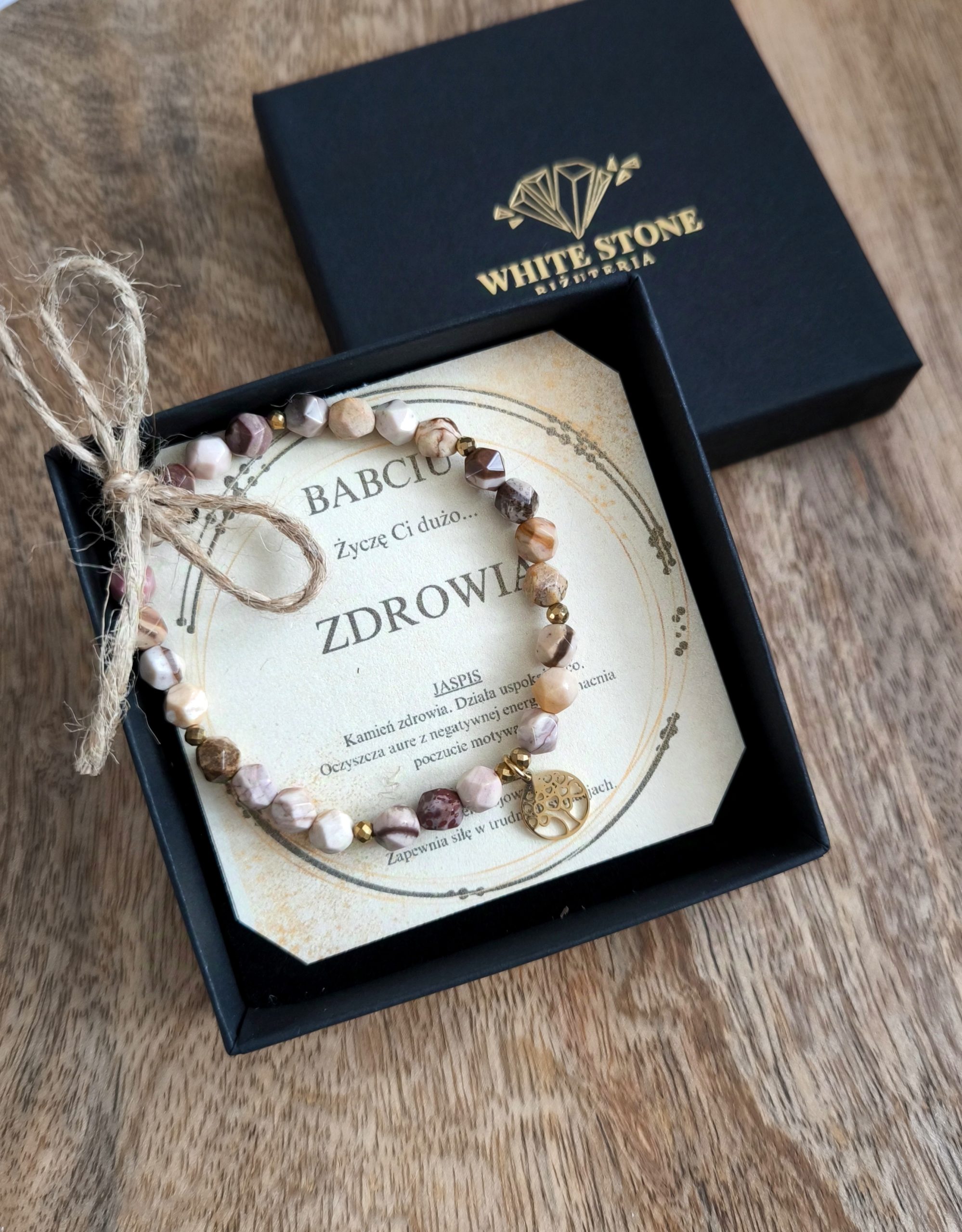 Bransoletka z fasetowanego Jaspisu zebra z zawieszką serduszkowego drzewa