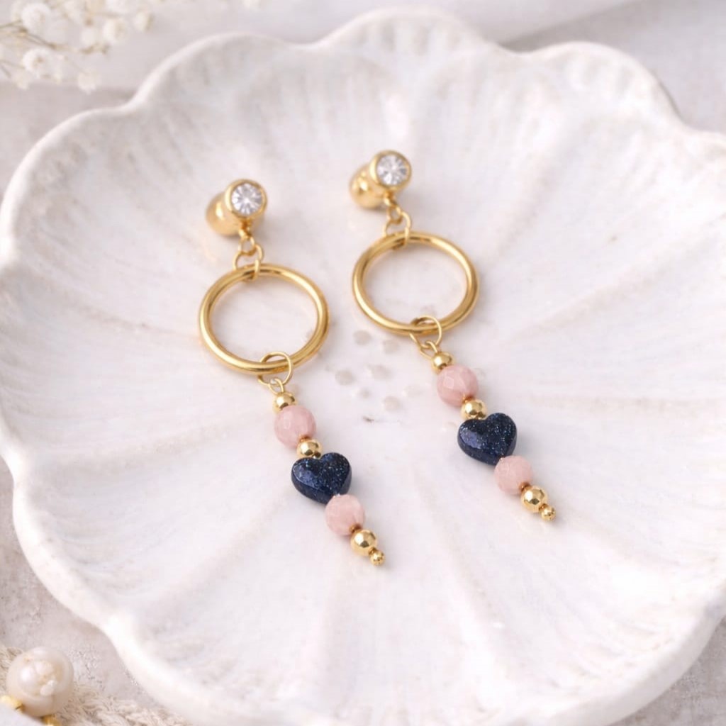 Kolczyki koła z cyrkonią i zawieszką z Rodonitu i serduszkiem z Nocy Kairu