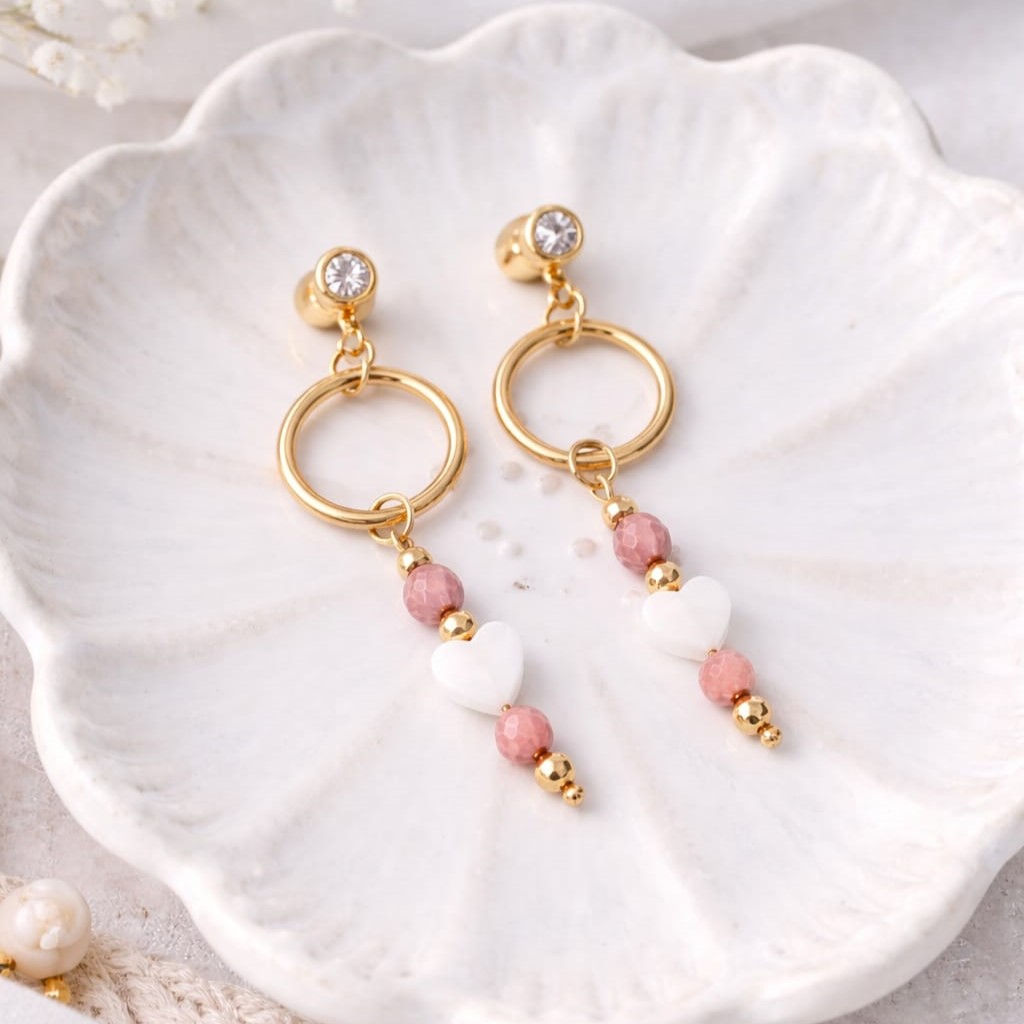 Kolczyki koła z cyrkonią i zawieszką z Rodonitu i serduszkiem z Masy perłowej