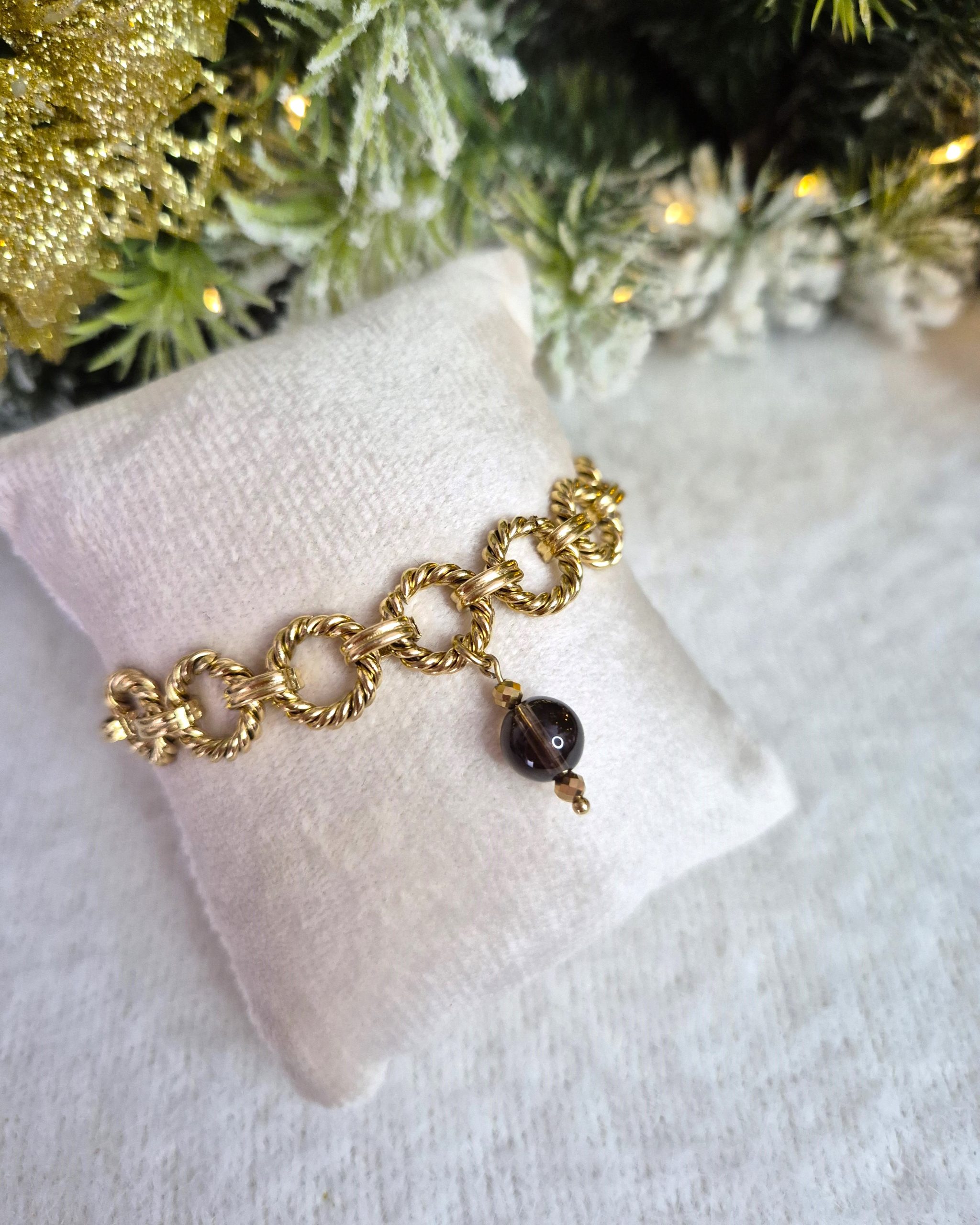 Plecione koła - bransoletka ze stali z zawieszką Kwarcu dymnego