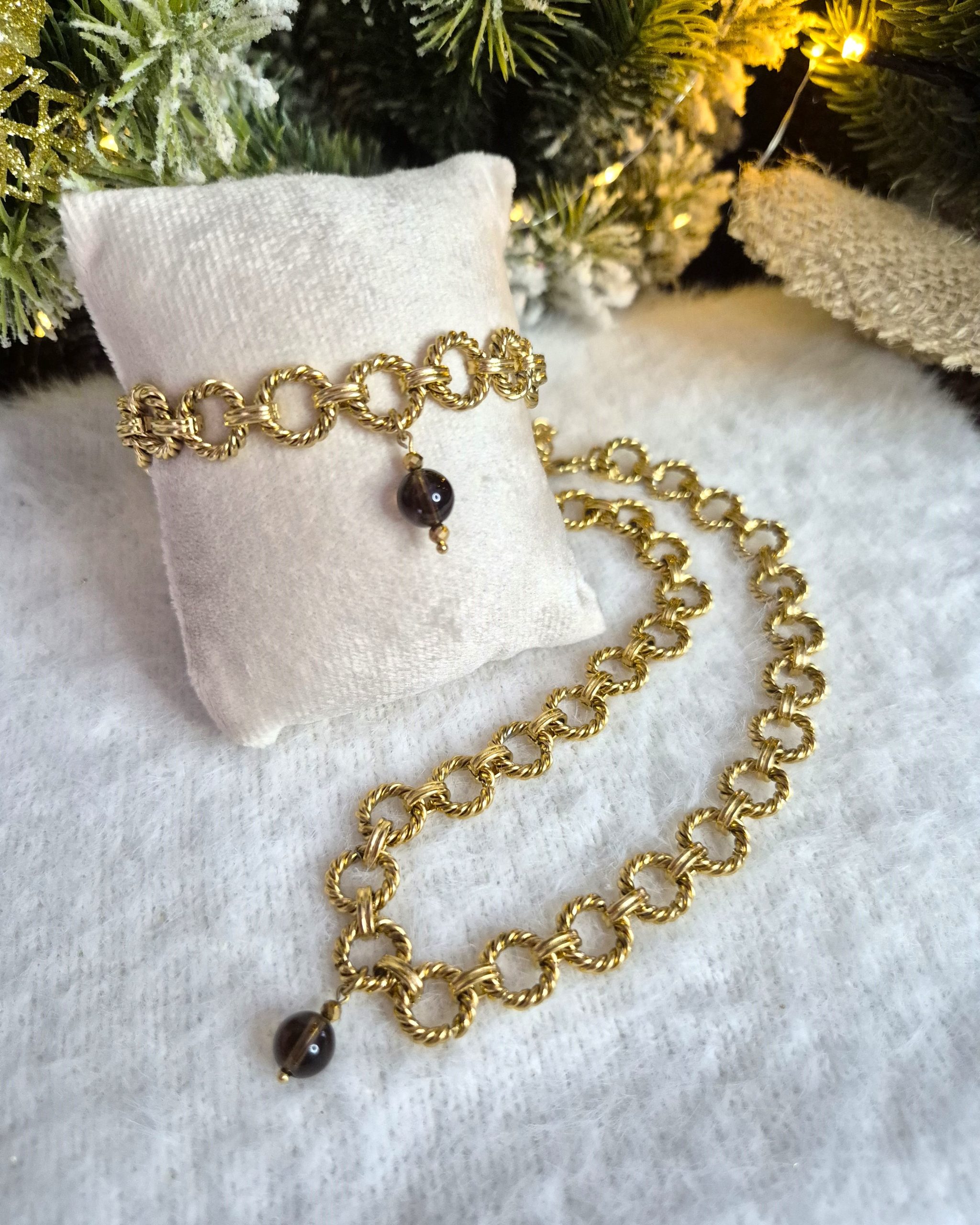 Plecione koła - bransoletka ze stali z zawieszką Kwarcu dymnego - obrazek 2