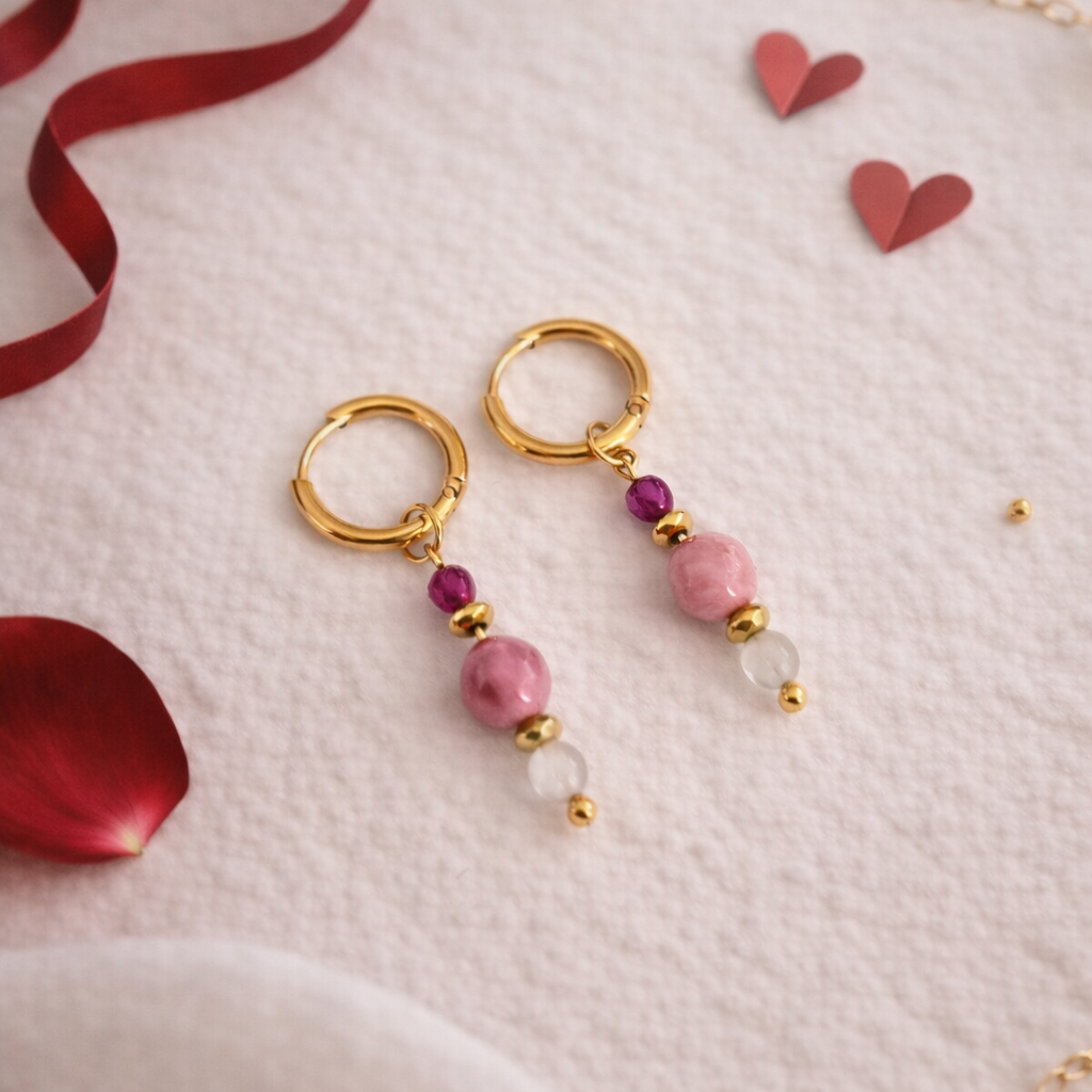 Kolczyki miłości z Rodonitem, Rubinem i Kamieniem Księżycowym