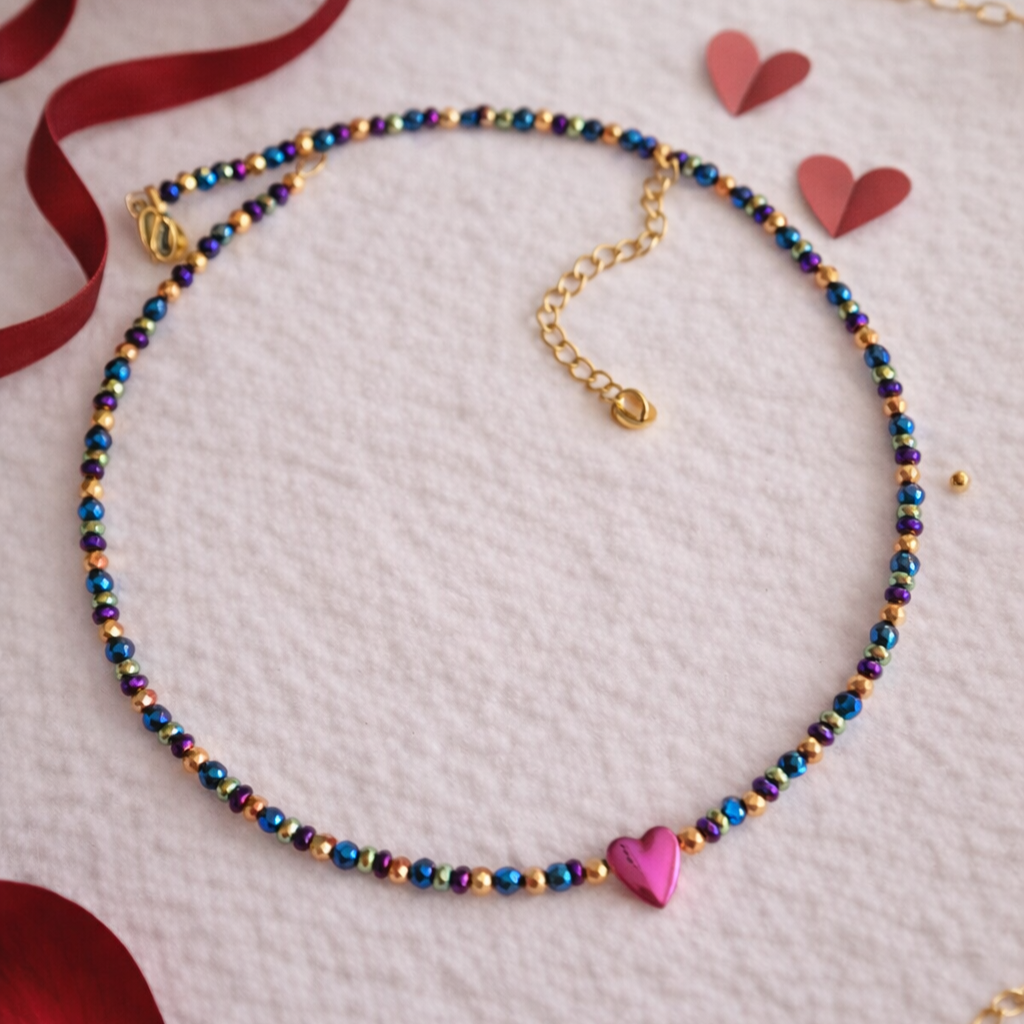 Delikatny naszyjnik Tęczowe Serce z Hematytów