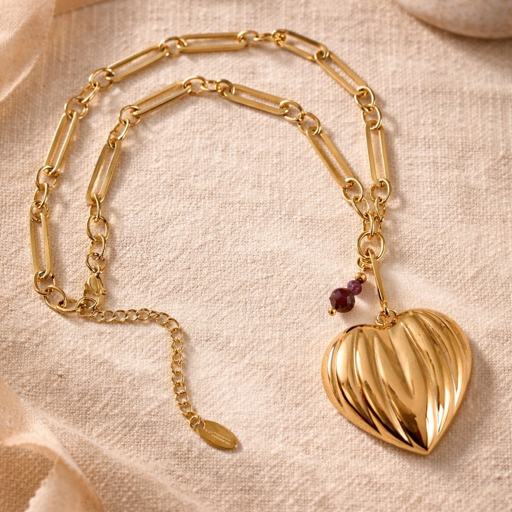 Naszyjnik z dużą zawieszką złotego serca Granatem i Rubinem