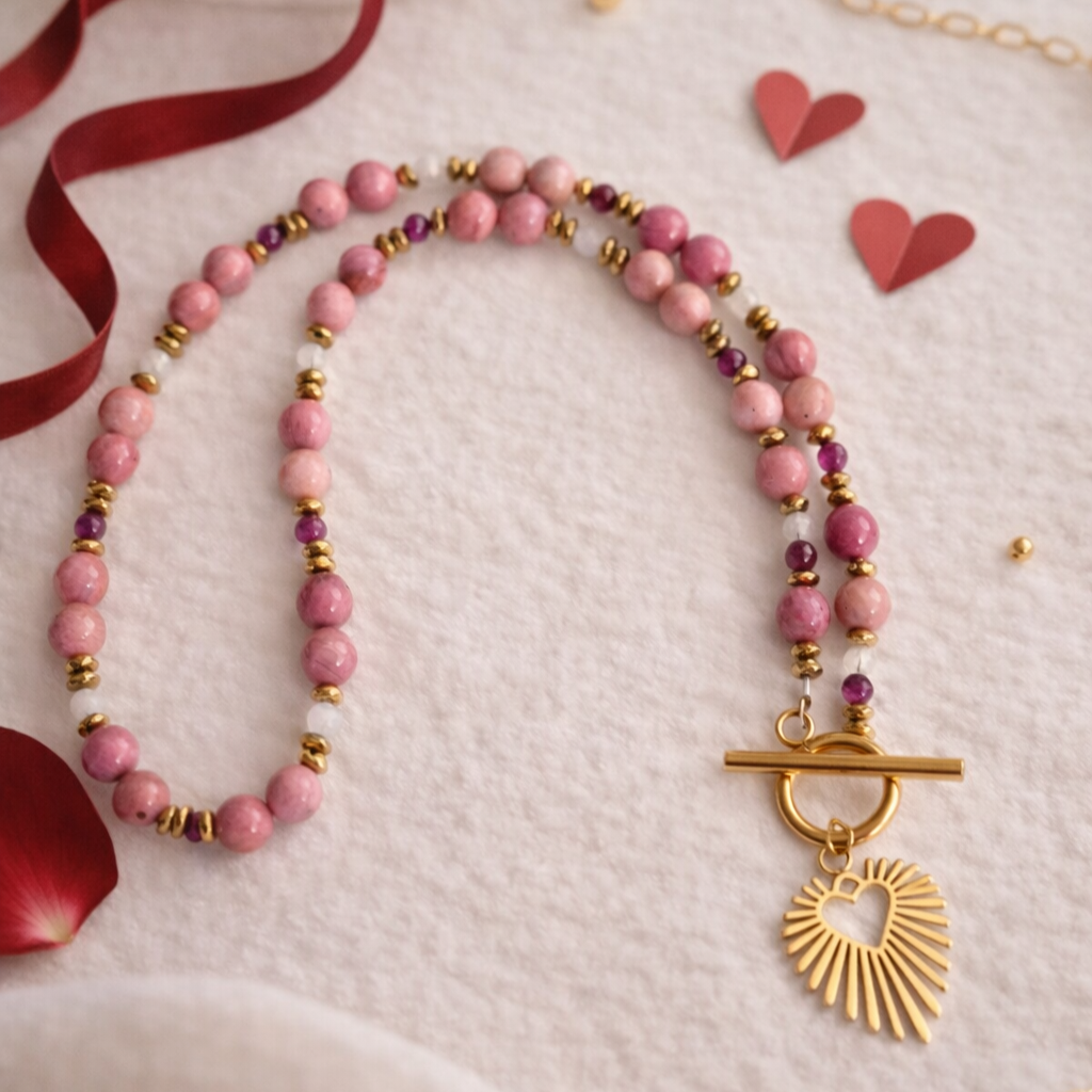 Naszyjnik miłości z Rodonitu, Rubinu i Kamienia Księżycowego