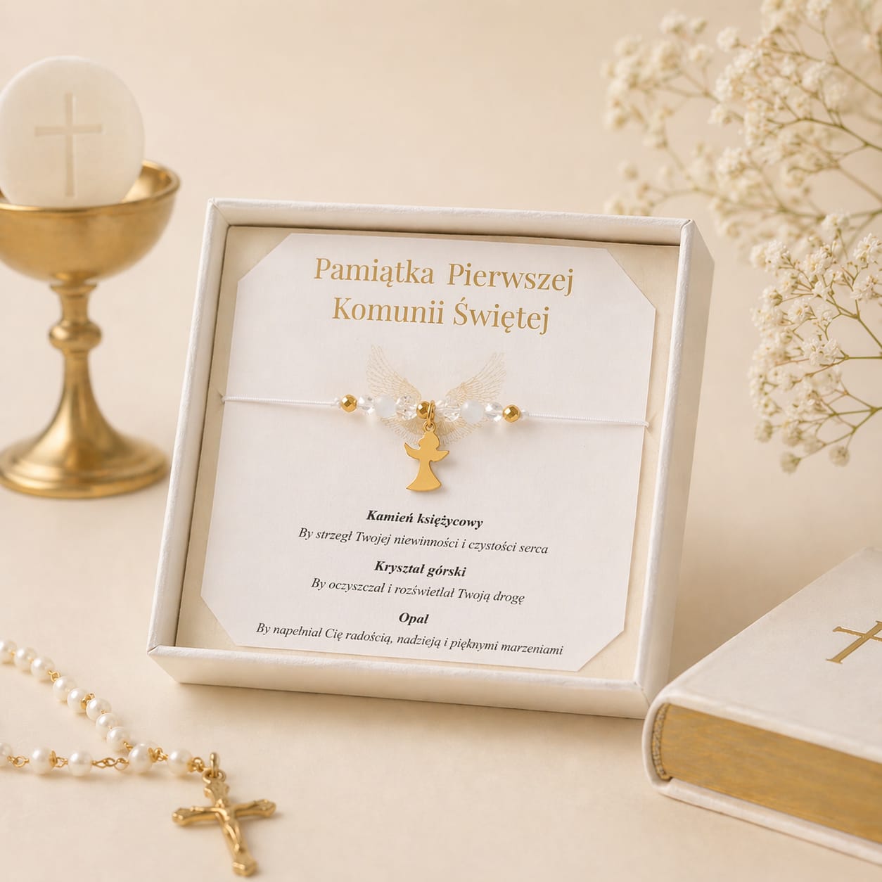 Bransoletka z Kryształem Górskim - pamiątka Pierwszej Komunii Świętej