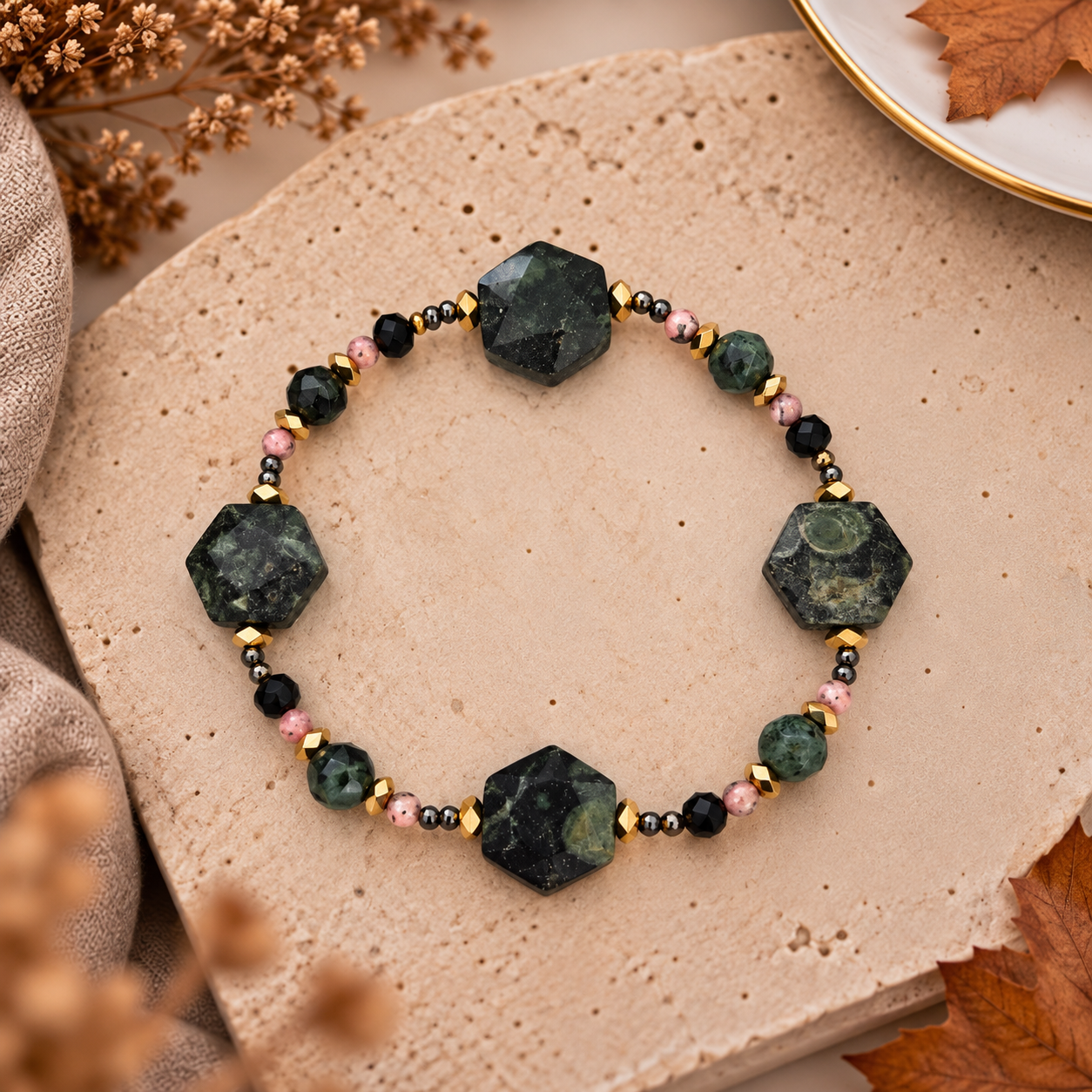 Bransoletka heksagon Jaspis kambaba, Spinel, Rodonit